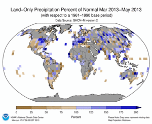 March - May 2013 Land-Only Precipitation Percent of Normal