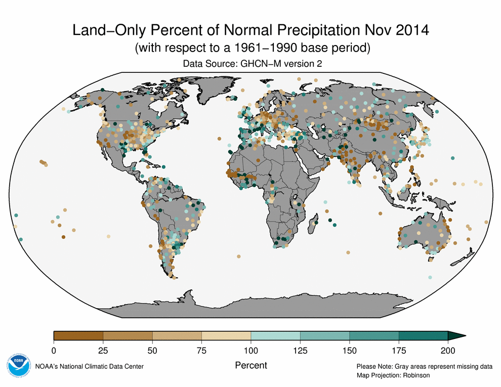 November 2014 Land-Only Precipitation Percent of Normal
