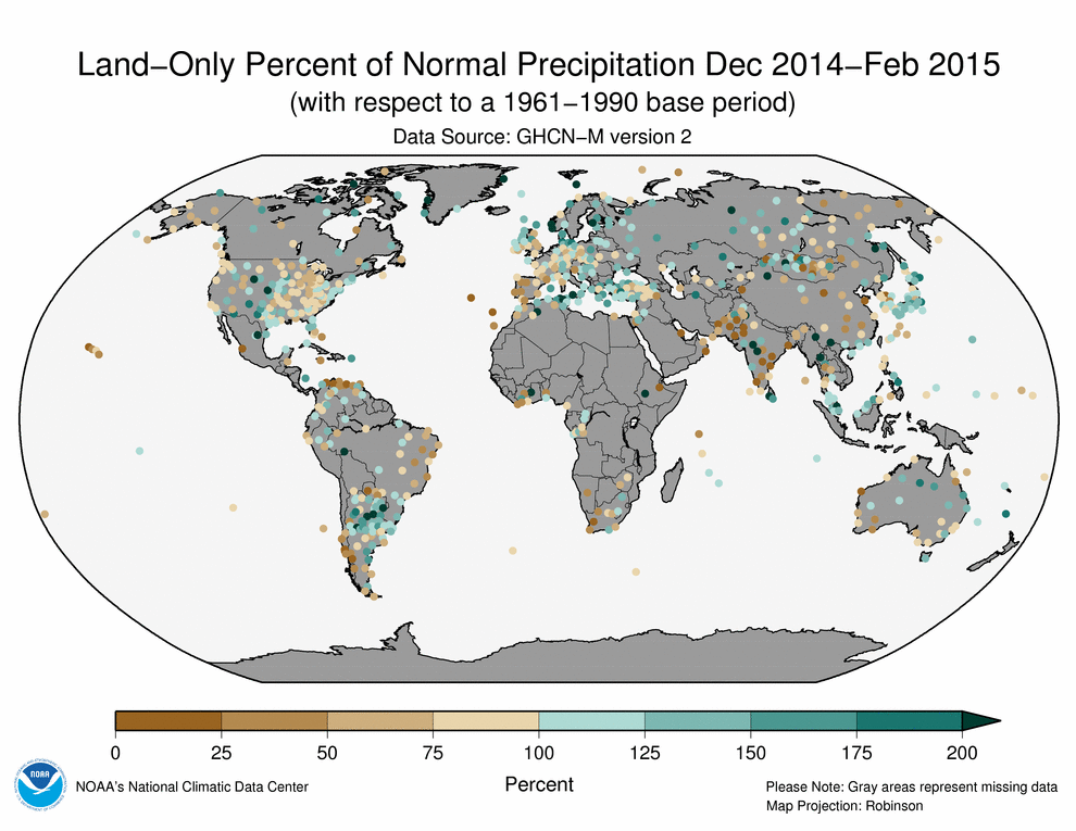 December 2014 - February 2015 Land-Only Precipitation Percent of Normal