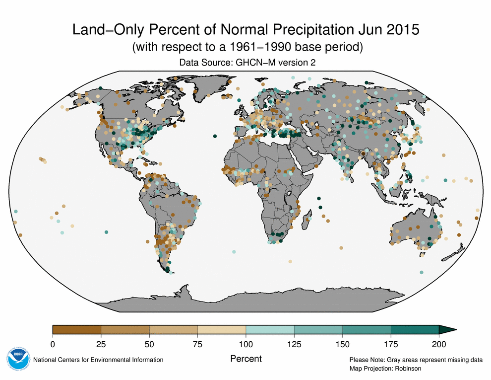 June 2015 Land-Only Precipitation Percent of Normal