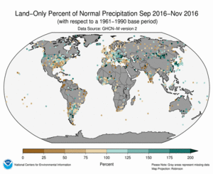 September - November 2016 Land-Only Precipitation Percent of Normal