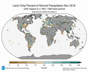 November 2016 Land-Only Precipitation Percent of Normal