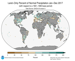 January–December 2017 Land-Only Precipitation Percent of Normal