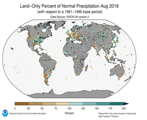 August 2018 Land-Only Precipitation Percent of Normal