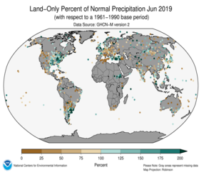 June 2019 Land-Only Precipitation Percent of Normal