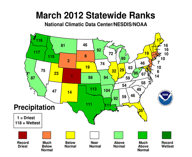 March 2012 Statewide Precipitation Ranks Map