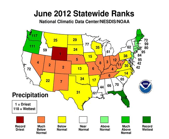 June 2012 Statewide Precipitation Ranks Map