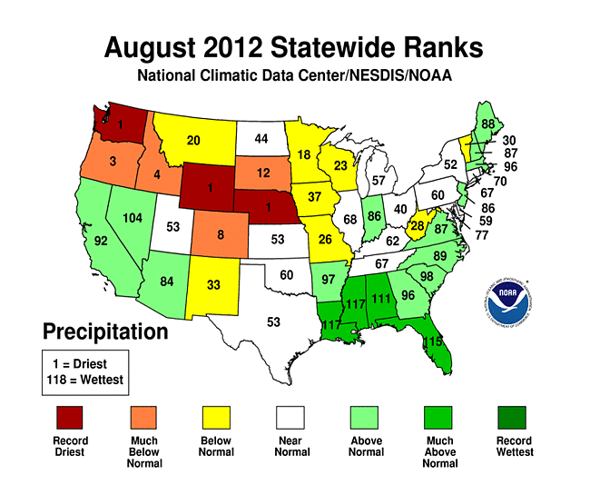 August 2012 Statewide Precipitation Ranks Map