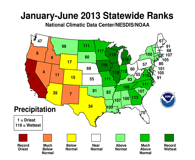 June 2013 Statewide Precipitation Ranks Map