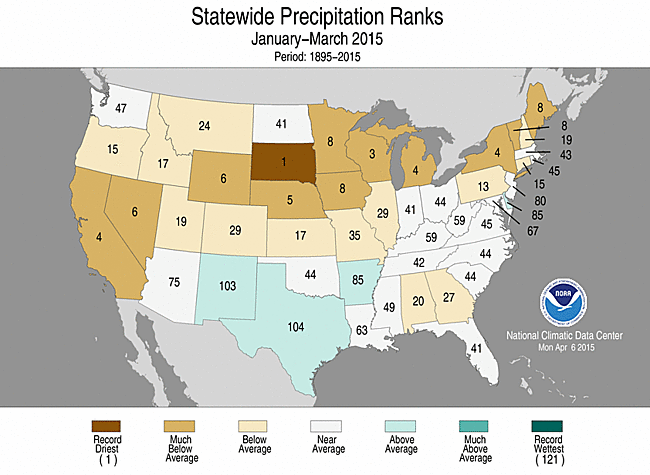 Jan-March 2015 Statewide Precipitation Ranks Map