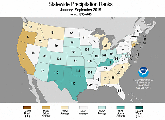 Jan-September 2015 Statewide Precipitation Ranks Map