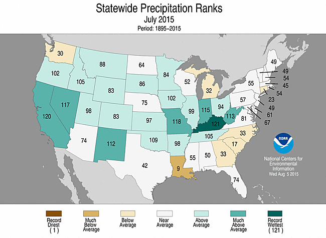 July 2015 Statewide Precipitation Ranks Map