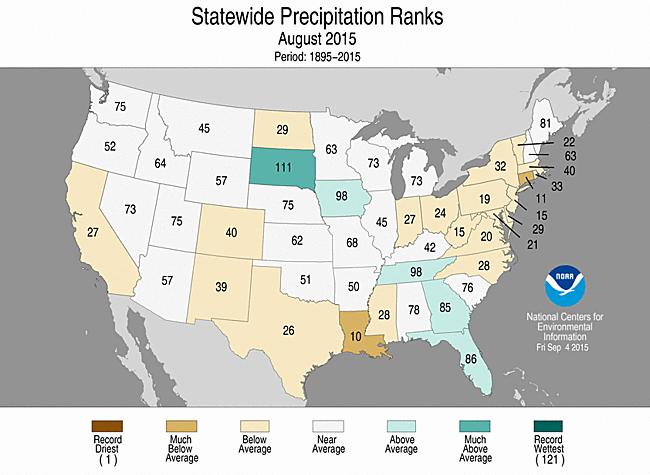 August 2015 Statewide Precipitation Ranks Map