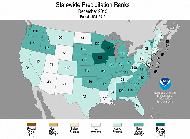 December 2015 Statewide Precipitation Ranks Map
