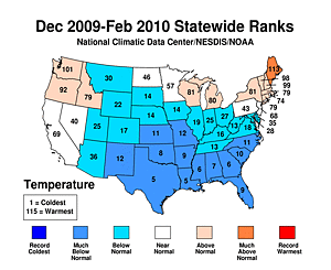 Winter 2009/2010 Statewide Temperature Rank Map
