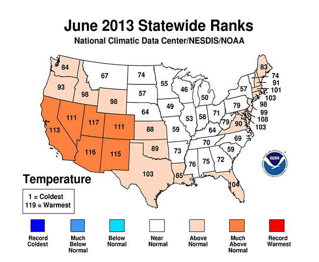 June2013 Statewide Temperature Ranks Map