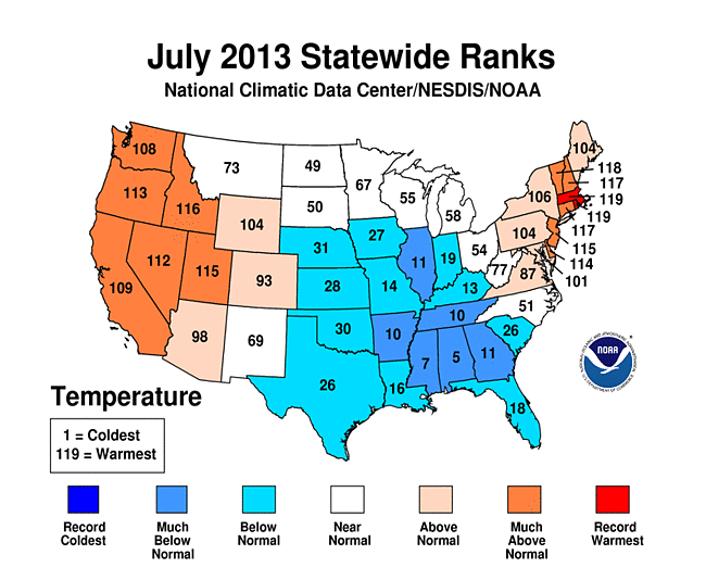 July2013 Statewide Temperature Ranks Map