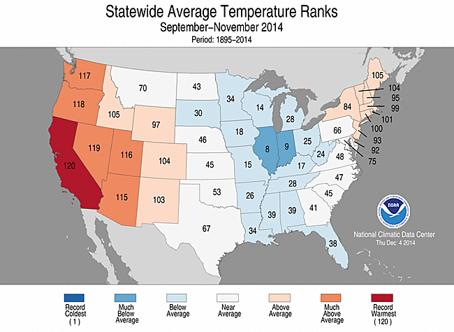 September-November 2014 Statewide Temperature Ranks Map