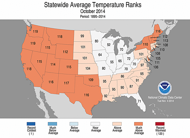 October 2014 Statewide Temperature Ranks Map