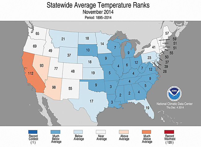 November 2014 Statewide Temperature Ranks Map