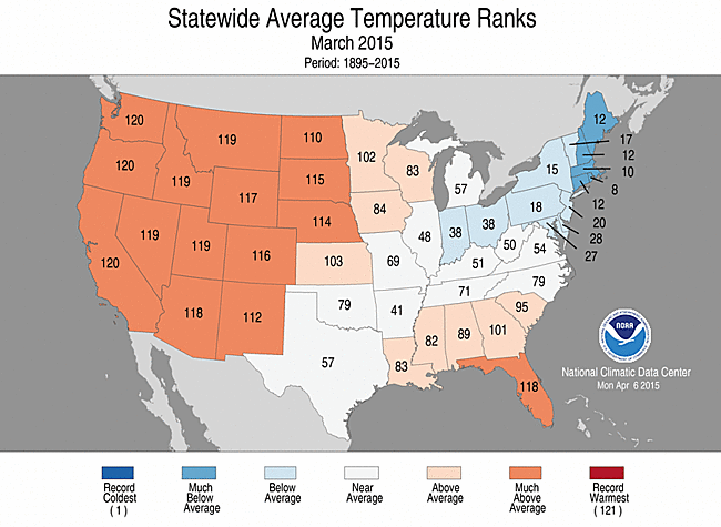 Winter 2015 Statewide Temperature Ranks Map