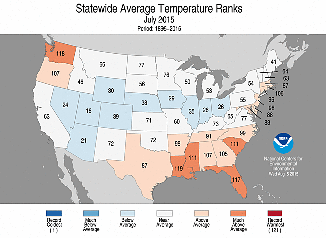 July 2015 Statewide Temperature Ranks Map