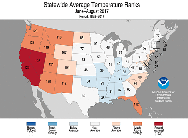 Summer 2017 Statewide Temperature Rank Map